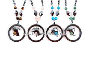 Semi precious Stone with Hematite Stone Beads Dophin Charm Choker Collar Pendant Necklace